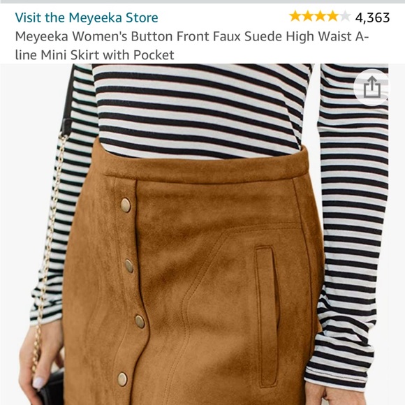 Button Front Faux Suede High Waist A-line Mini Skirt with Pocket - Picture 4 of 8